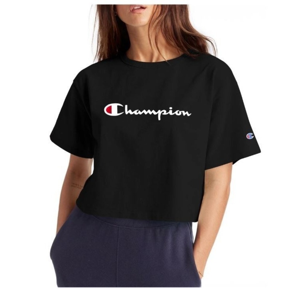 Champion Women's Iconic Cropped Short Sleeve Crew Graphic T-Shirt in Black Small
